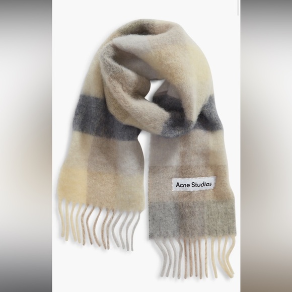 Acne Studios Vally Plaid Alpaca, Wool & Mohair Scarf, Vanilla/Beige/Lavender - Picture 3 of 9